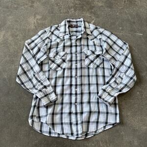 Vintage Karman Western Pearl Snap Shirt Size L White Plaid Long Sleeve Collared